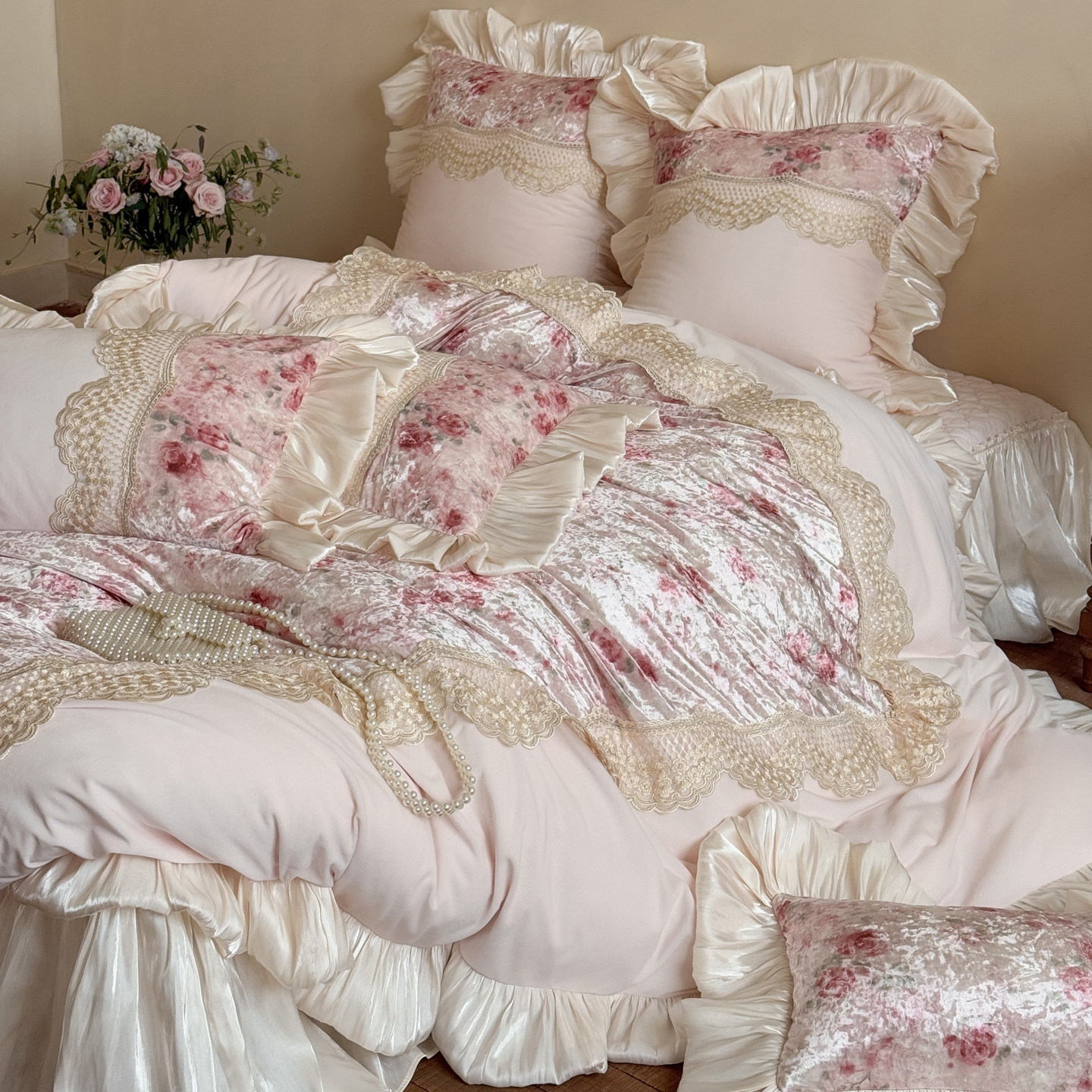 法式冬季粉色婴儿绒四件套公主风加厚牛奶绒蕾丝花边被套床盖床品