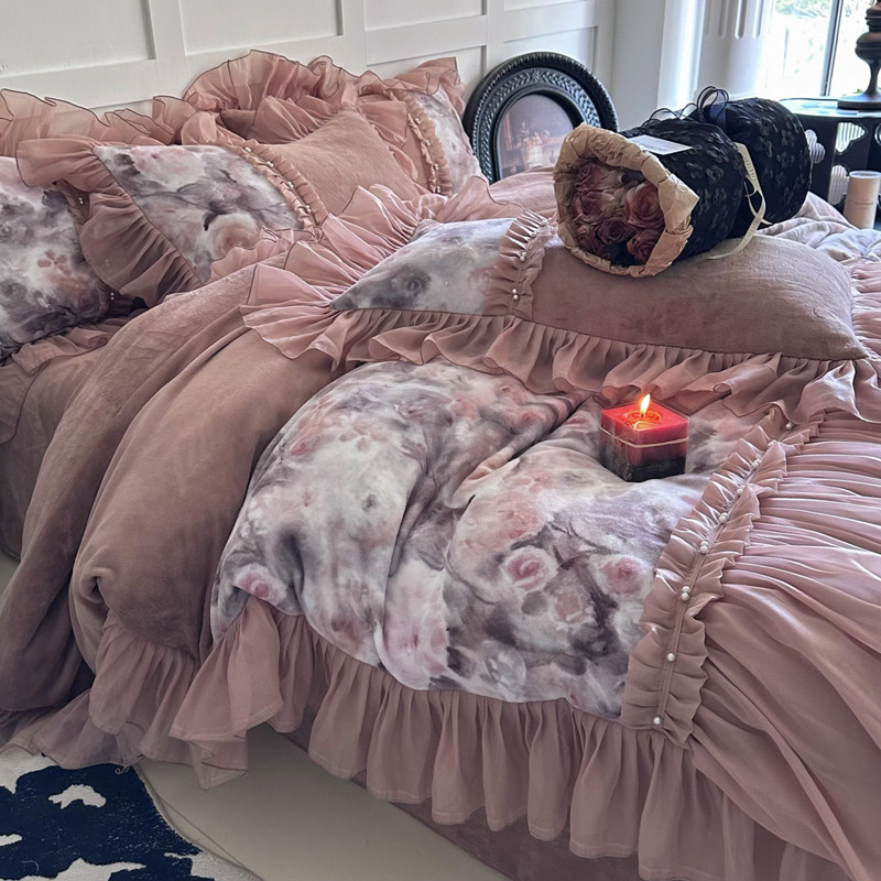 法式冬季复古加绒加厚牛奶绒四件套公主风毛绒蕾丝被套珊瑚绒床裙