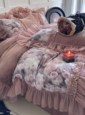 法式冬季复古加绒加厚牛奶绒四件套公主风毛绒蕾丝被套珊瑚绒床裙