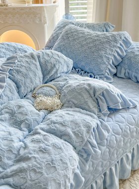 冬季兔兔绒加绒加厚床上四件套公主风双面毛绒珊瑚牛奶绒床盖被套