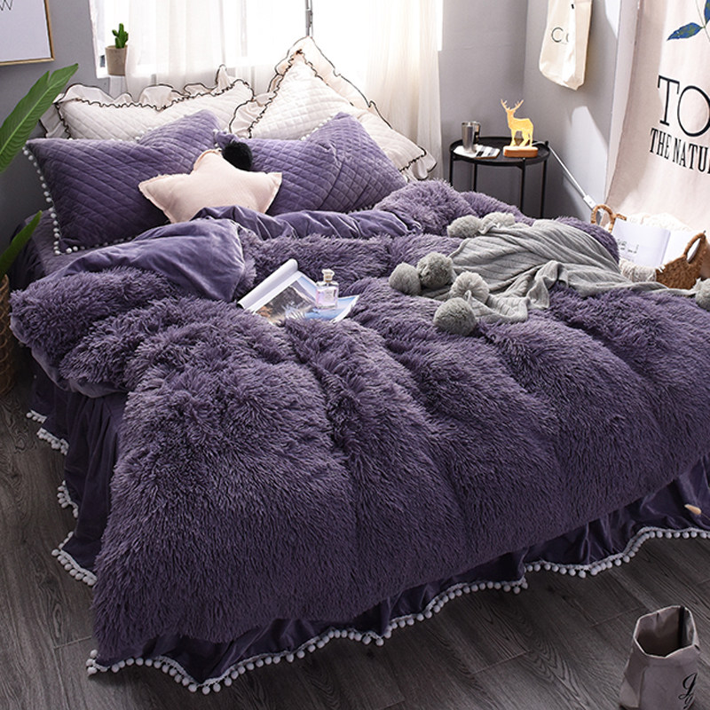 冬天长毛保暖四件套珊瑚绒公主风