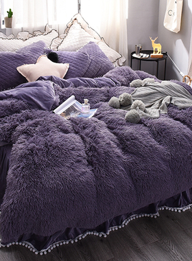 长毛被套珊瑚绒床上四件套水貂绒双面绒毛绒加绒夹棉床裙冬季保暖