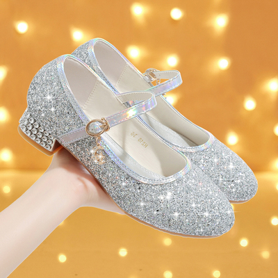 学生礼服鞋子女低跟伴娘平底主持钢琴演出大码合唱公主走秀水晶鞋