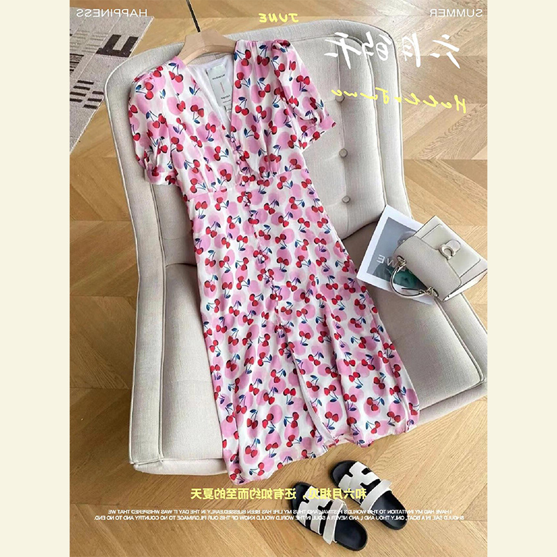 【现货秒发】度假风长裙高端精致绝美粉色樱桃印花雪纺连衣裙夏