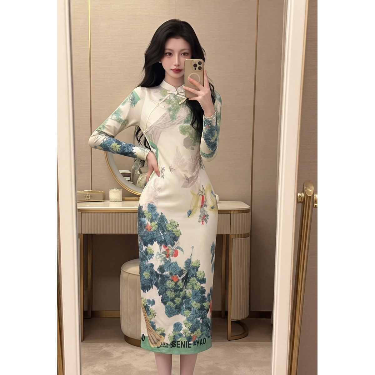 秋季新中式印花透视连衣裙女长袖修身中长款气质显瘦漂亮包臀裙子