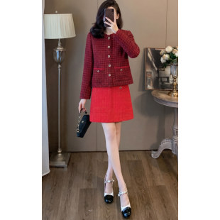 小香风红色两件套女御姐气质轻奢洋气套装时尚秋天高级感穿搭一套