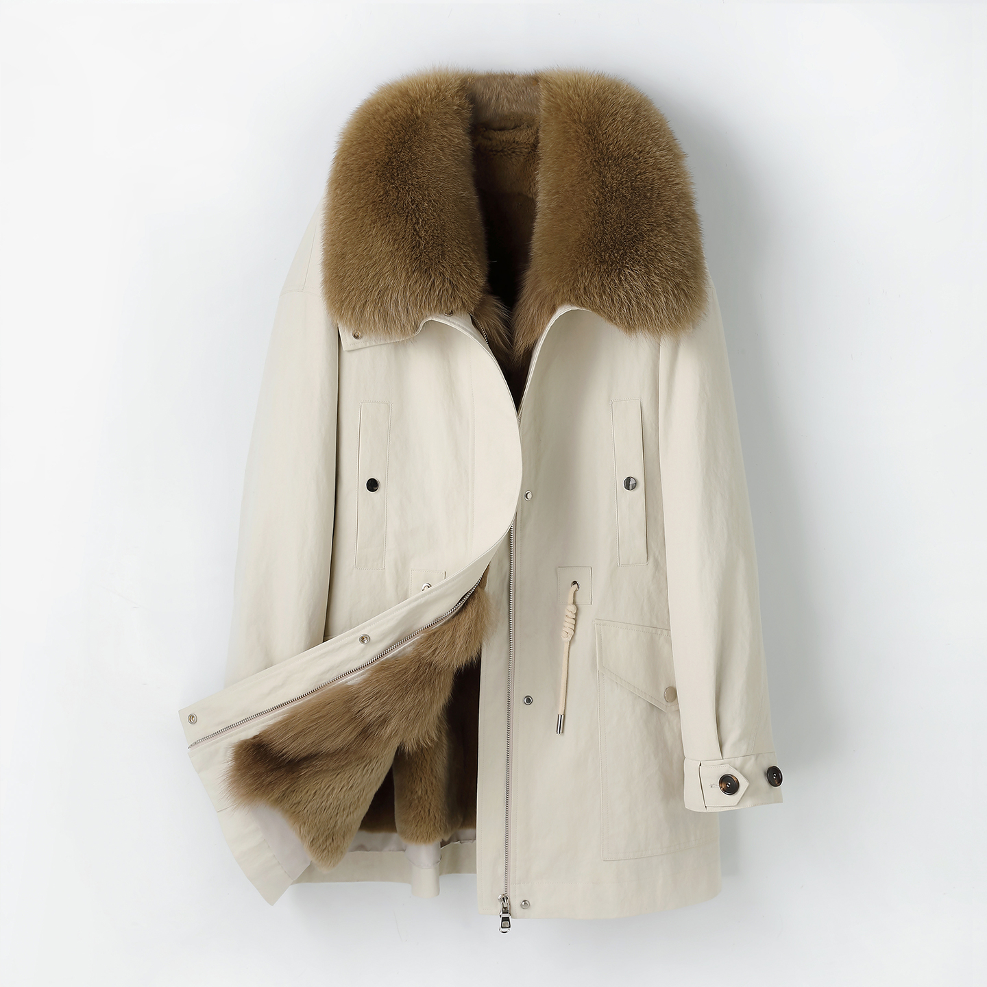 2025年冬季派克服女狐狸毛领獭兔毛内胆可拆卸大衣中长款皮草外套