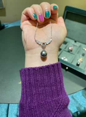 特价孤品清仓天然海水大溪地近圆微瑕s925纯银天使爱心翅膀项链