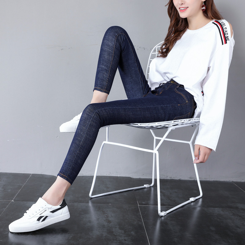 竹节棉弹力九分牛仔小脚裤女学生