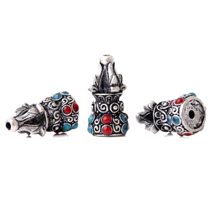 复古三七藏银景泰蓝滴油佛塔佛帽佛头三通老念珠文玩配饰手串配件