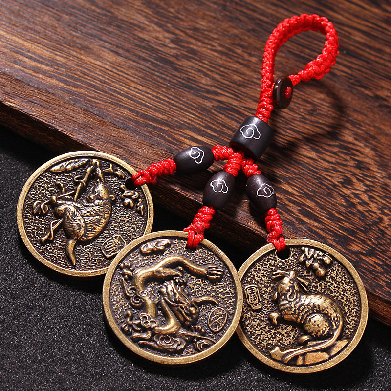 黄铜三合贵人图局钥匙扣吉祥物