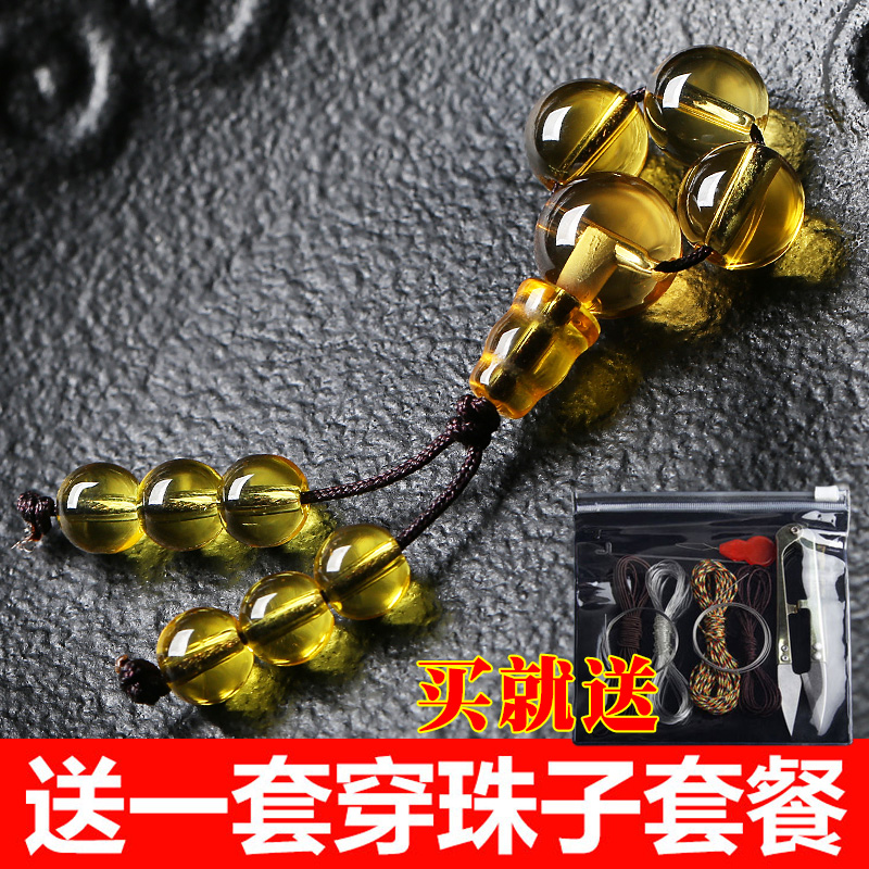 黄色圆形三通佛头合成水晶散珠DIY檀木金刚星月佛珠手串配饰品