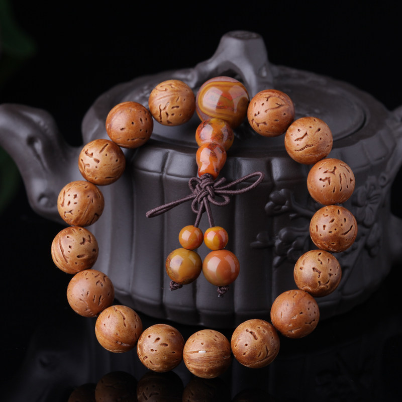 秦岭深山脑纹桃核胡木打磨正圆光佛珠念珠手持串文玩手链战国红