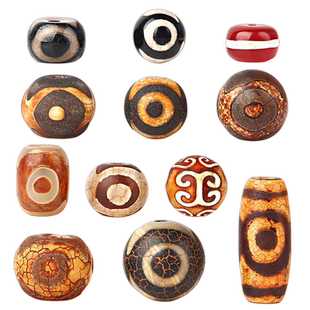 三眼天珠风化老玛瑙开片圆鼓珠桶珠DIY手串饰品配件散珠子藏式