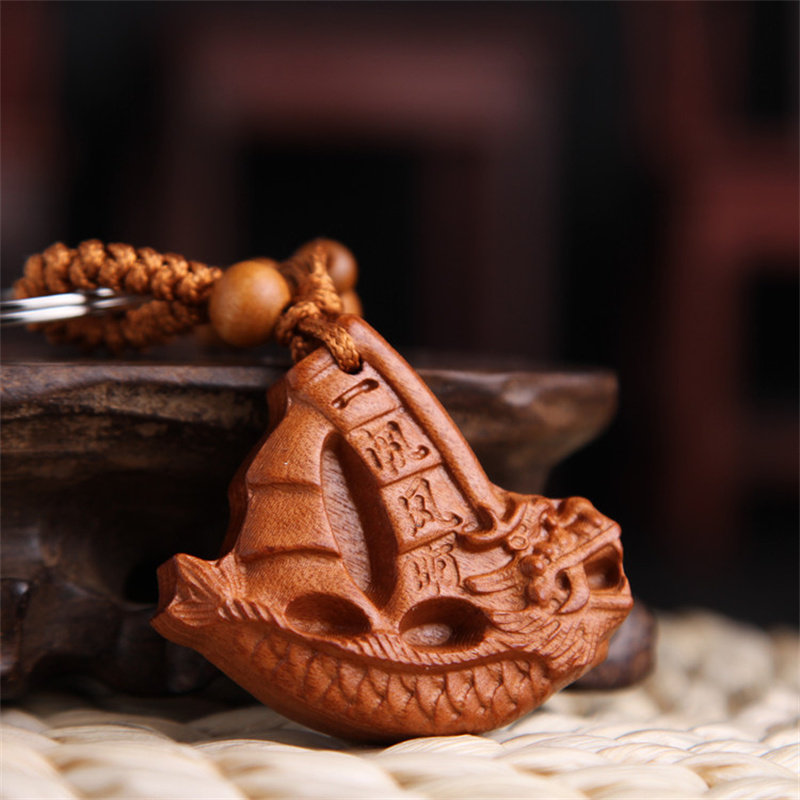 天然桃木雕刻钥匙扣一帆风顺汽车挂件出入平安吊坠男女随身小礼物