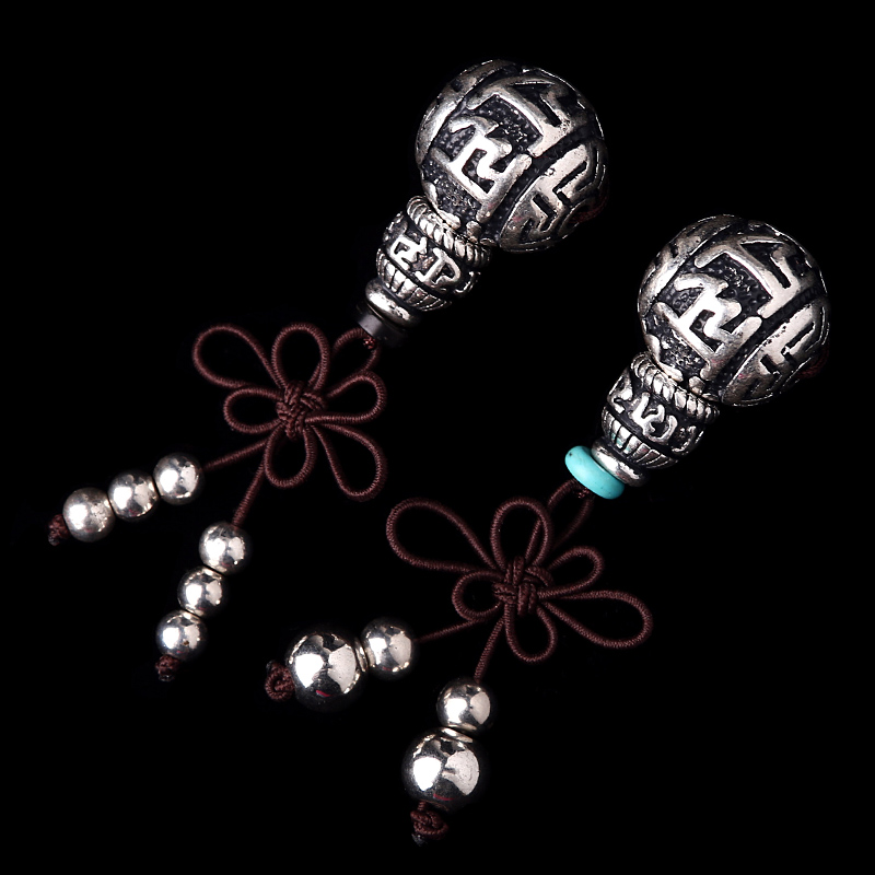 藏银六字真言佛头三通套装手工串佛珠文玩星月金刚白玉菩提配件饰