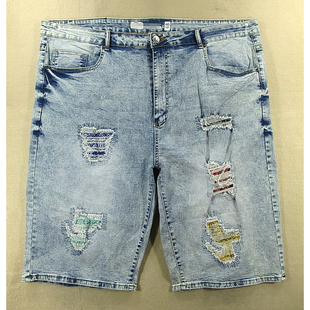 牛仔中裤 七分裤 男48码 肥佬裤 V111 弹力补丁大码 外单KHCO 1905