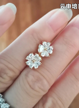 HPHT/CVD人工造合成培育钻石耳钉心形四叶草18K白金PT950铂金耳饰