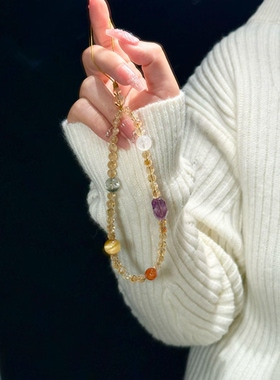 天然黄塔晶紫水晶发晶金运女生绿幽灵个性小众水晶串珠百搭手链女