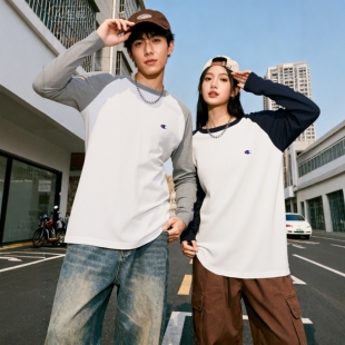 纯棉薄撞色女春秋插肩刺绣t恤男 长袖 正品 冠军T恤男日版