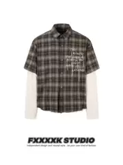 FXK Original Vintage American Streetwear High-Stitch Faux Two-Layer Tassel Plaid Long-Sleeve Shirt for Men Autumn
