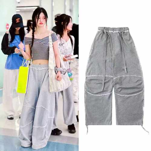 朴敏珠同款美式灰色运动女2025年秋季新款宽松阔腿嘻哈街舞休闲裤