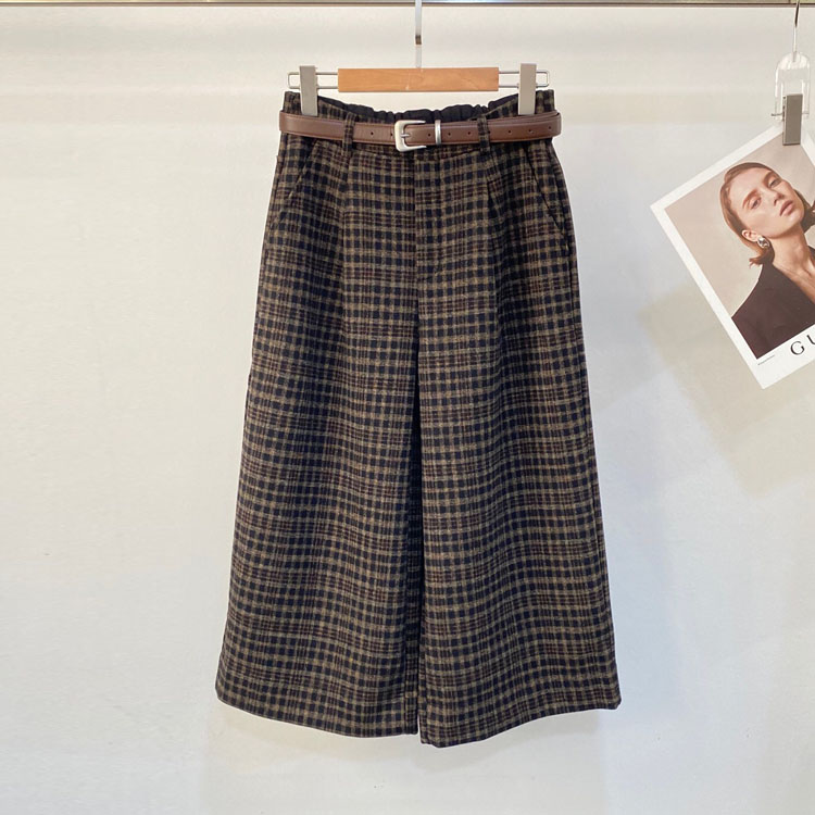 初溯家2025秋冬新款欧货女装复古咖色格子羊毛阔腿七分裤显瘦百搭