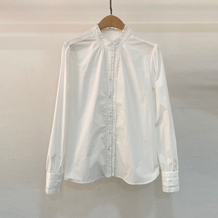 初溯22026早春新品欧货女装木耳花边立领花边单排扣长袖白色衬衫