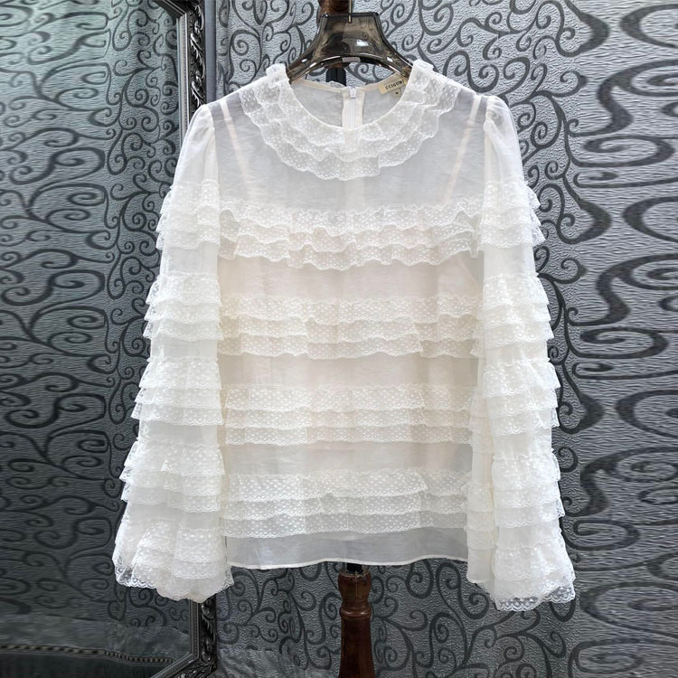 初溯2025早秋新品欧货女装拼接蕾丝层层花边圆领灯笼袖气质上衣