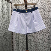 休闲裤 欧货设计感牛仔撞色腰头蓝条纹直筒短裤 新款 初溯家2026夏季