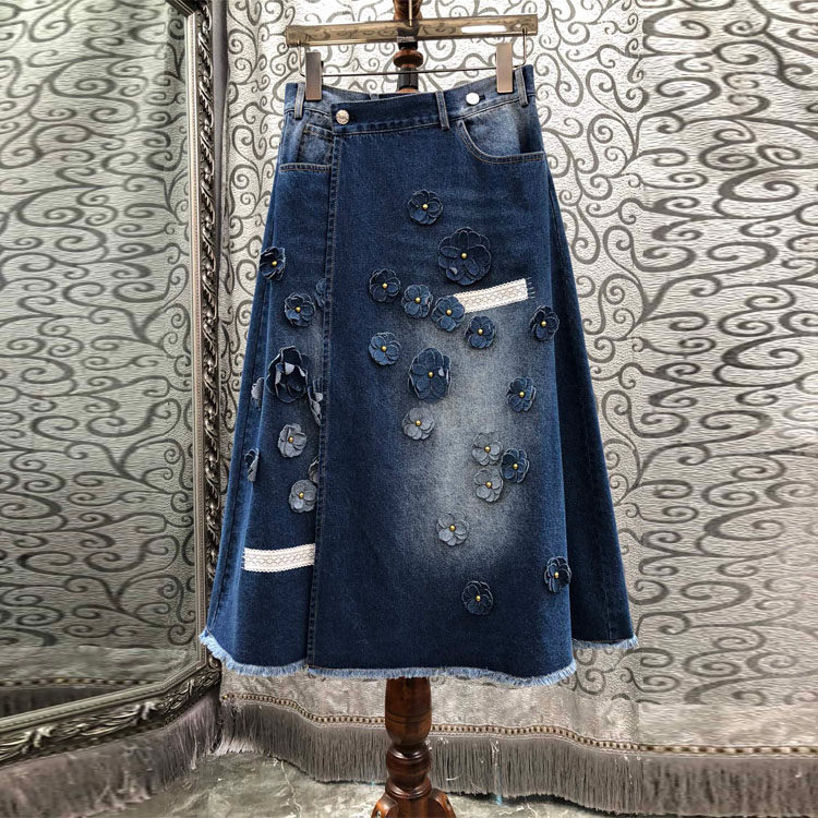 初溯2026新款欧货牛仔立体花朵半身裙女中长款毛边设计高腰A字裙,女装/女士精品,半身裙,淘宝优惠券,粉丝福利购,淘宝优惠卷