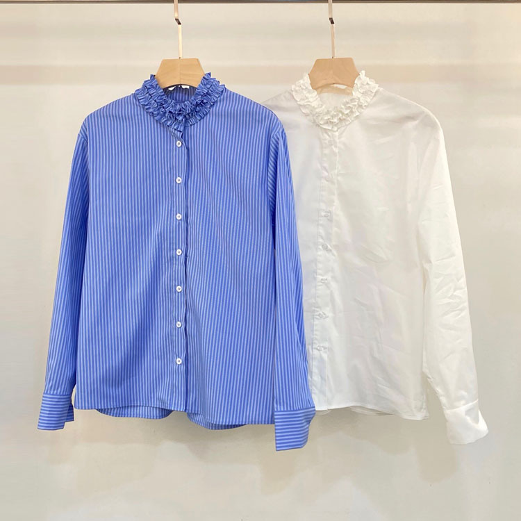 初溯家2026早春新款欧货女装褶皱木耳花边领口单排扣长袖时尚衬衫