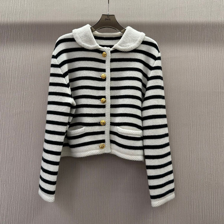 初溯2025秋冬新品欧货女装娃娃领金扣条纹撞色长袖羊毛短款小外套