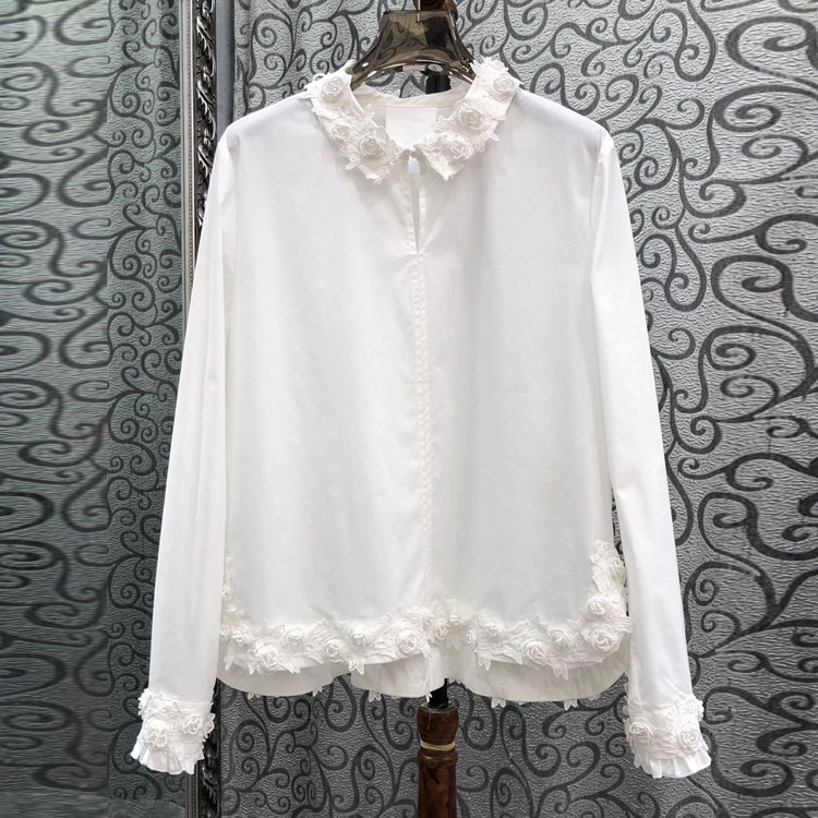 初溯2025秋季新款欧货女装钉珠立体花朵小翻领套头长袖纯棉衬衫