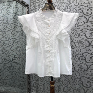 初溯家2026夏季新款欧货法式荷叶边刺绣飞飞袖衬衫减龄百搭上衣