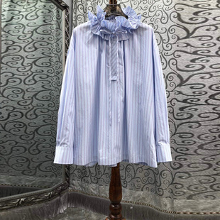 初溯家2026早春新款欧货女木耳花边立领系带竖条纹宽松版长袖衬衫