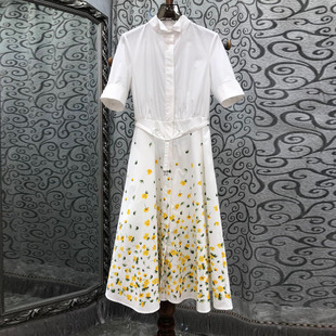 初溯家2026新款欧货白色印花连衣裙女短袖衬衫裙收腰高级感气质裙