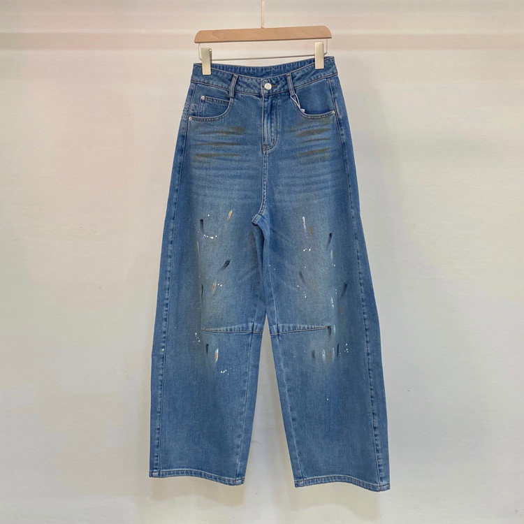 初溯家2026春季新款欧货设计感牛仔弯刀裤女涂鸦做旧宽松阔腿长裤