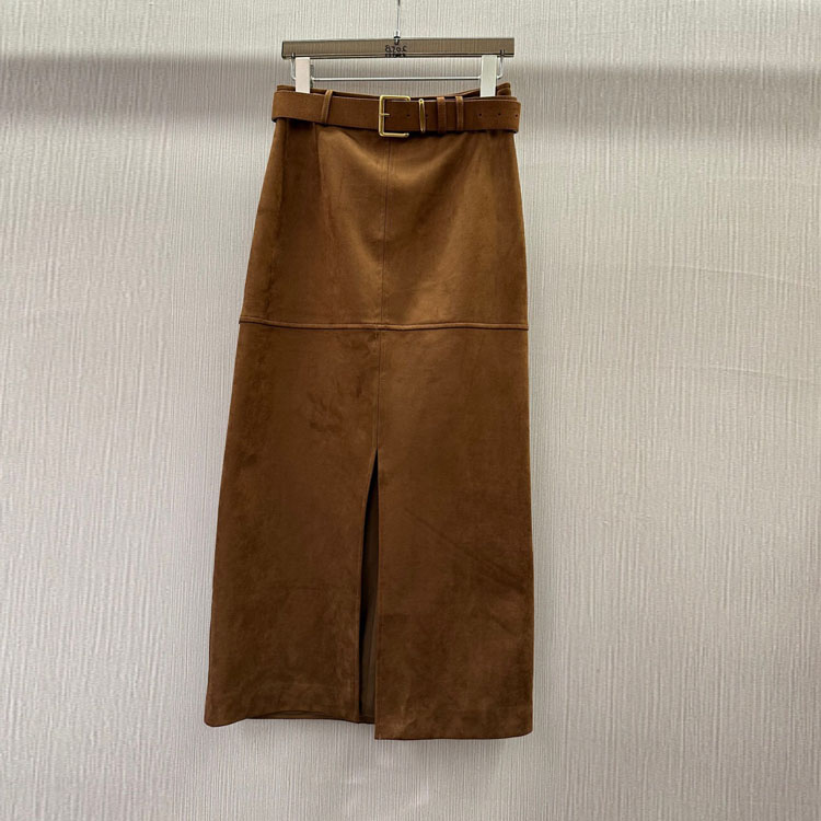 初溯2025秋冬新款欧货女装腰带高腰前摆开叉设计牛皮绒气质半身裙