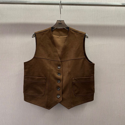 初溯2025秋季新品欧货女装V领单排扣鹿皮绒背心无袖坎肩马甲外套