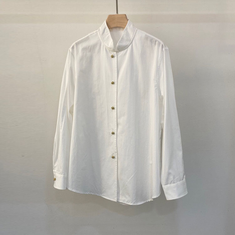 初溯家2026新款欧货女装立领白衬衫女春秋金扣中长款文艺小衫上衣