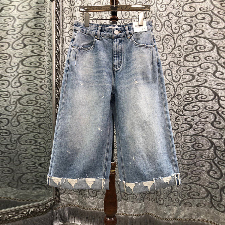初溯家2026春夏新款欧货做旧牛仔直筒阔腿牛仔七分裤女磨破卷边裤