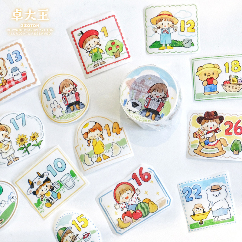 卓大王牧场日付胶带和纸特油日期数字手帐装饰可爱日记手绘手账贴
