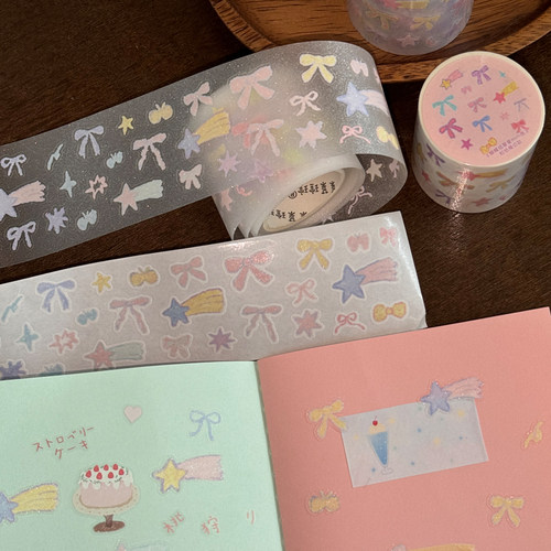 菜菜瑄瑄蝴蝶结星星mini模切手帐胶带小鼻嘎基础盐系和纸PET闪砂