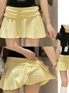 黄色甜美减龄荷叶边休闲短裙女夏季2025新款显瘦蚂蚁腰A字网球裙