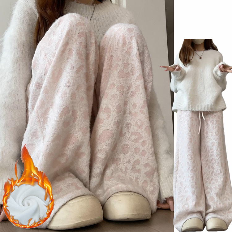 韩系松弛感绒绒豹纹糯米裤女秋冬2025新款加绒加厚显瘦舒适阔腿裤