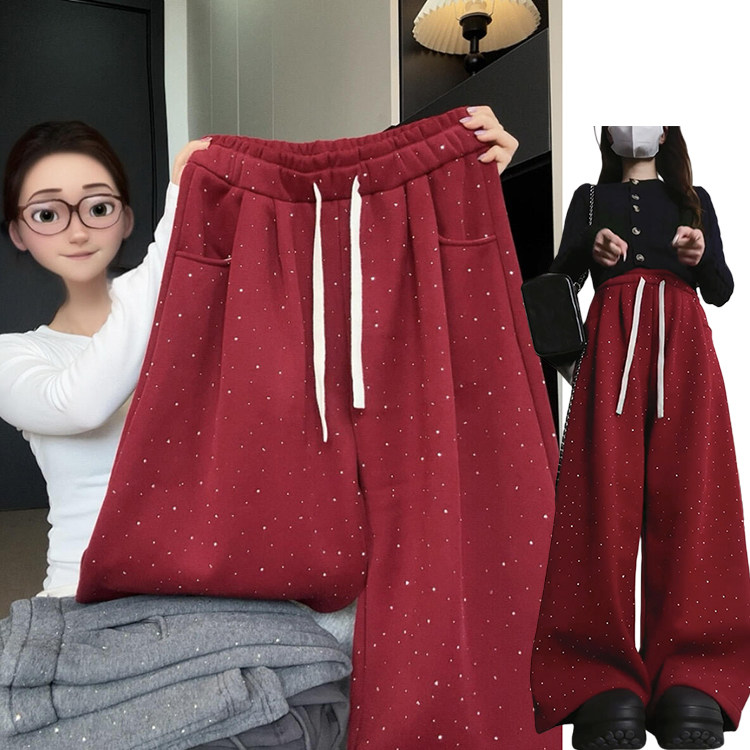 新年红小众烫钻爆闪阔腿裤女秋冬季2026新款加绒加厚高腰星空卫裤,女装/女士精品,休闲裤,淘宝优惠券,粉丝福利购,淘宝优惠卷