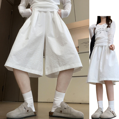 韩系休闲风白色褶皱裙裤女夏季2026新款大裙摆宽松显瘦花苞七分裤