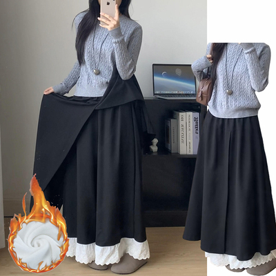 深灰色慵懒宽松阔腿裙裤女秋冬季2025新款加绒加厚蕾丝拼接阔腿裤