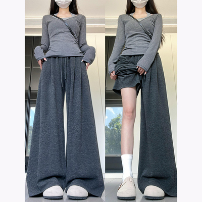 灰色慵懒风针织糯米裤女秋冬季2025新款小个子宽松休闲显瘦拖地裤